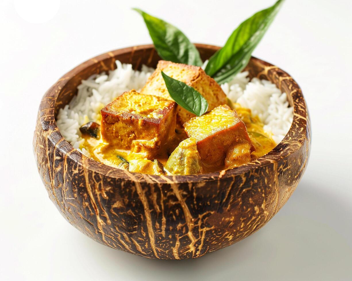 a bowl of rice and curry with a leaf on top photo