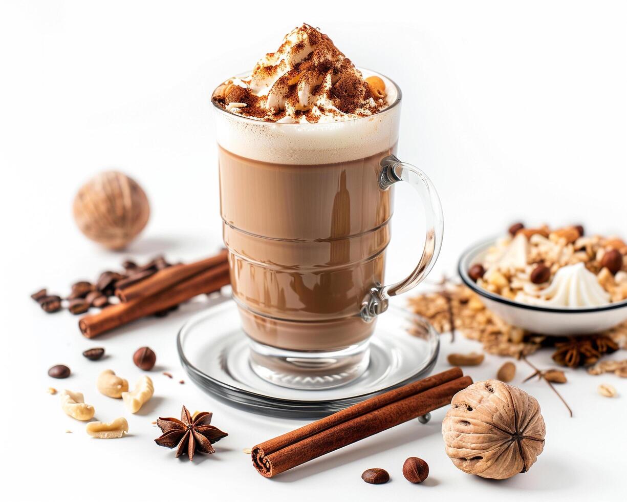 hot chocolate with cinnamon and nuts on white background photo