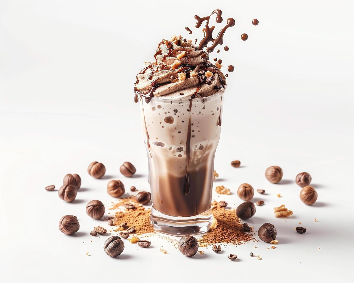 a milkshake with chocolate and nuts on a white background photo