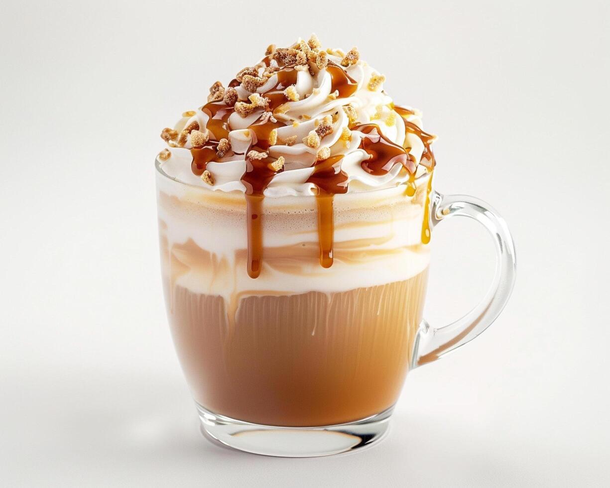 a coffee drink with caramel and whipped cream photo