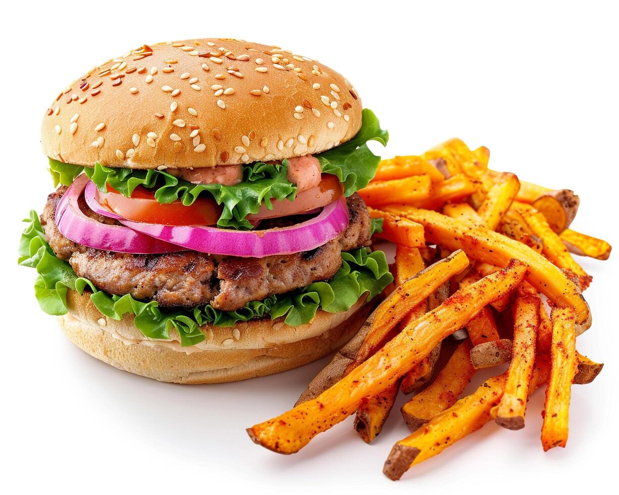a hamburger and fries on a white background photo