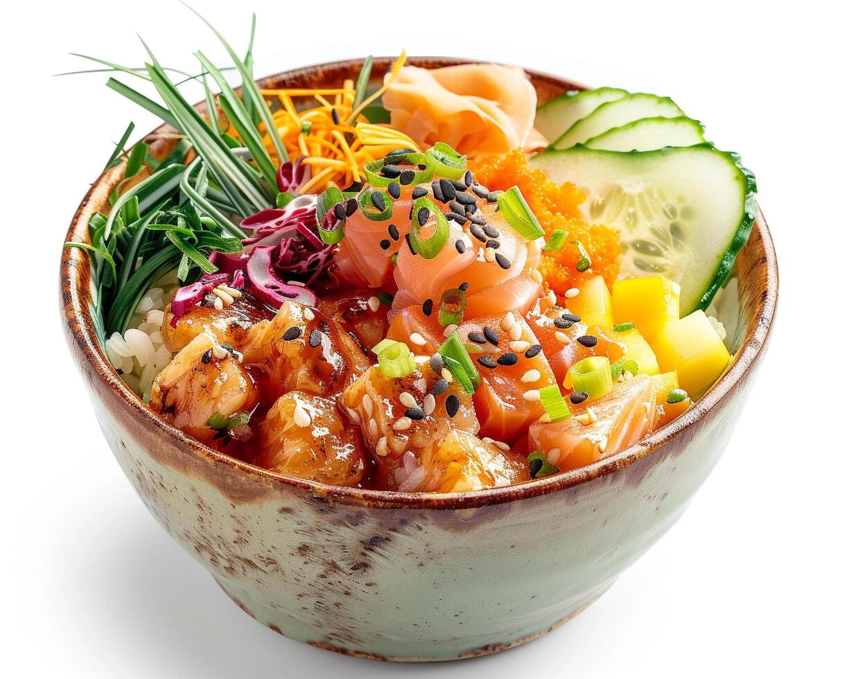 a bowl of food with vegetables and salmon photo