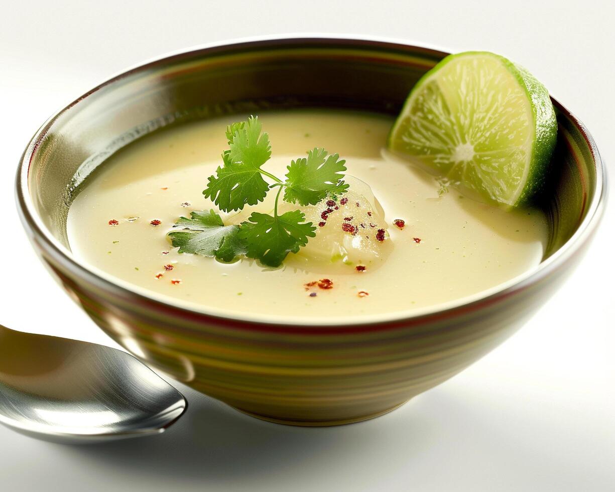 a bowl of soup with a spoon and lime photo