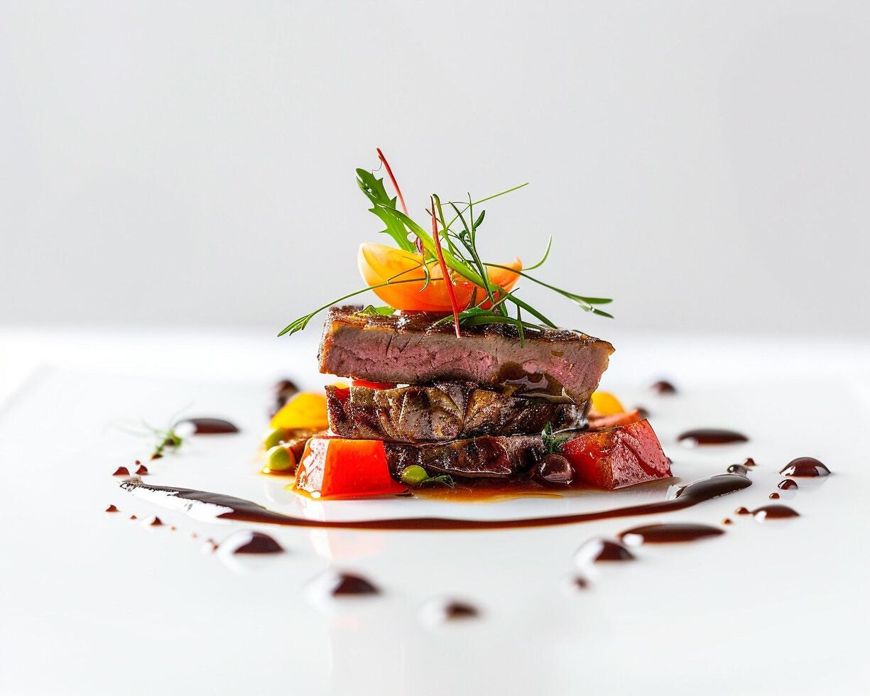 a plate of food with a garnish of vegetables photo