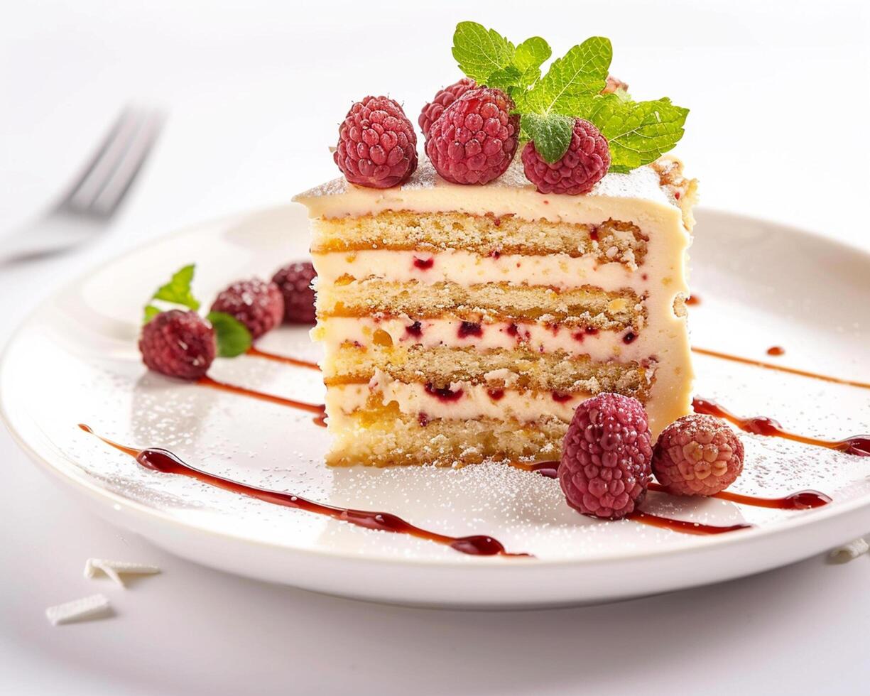 a piece of cake on a plate with raspberries and syrup photo