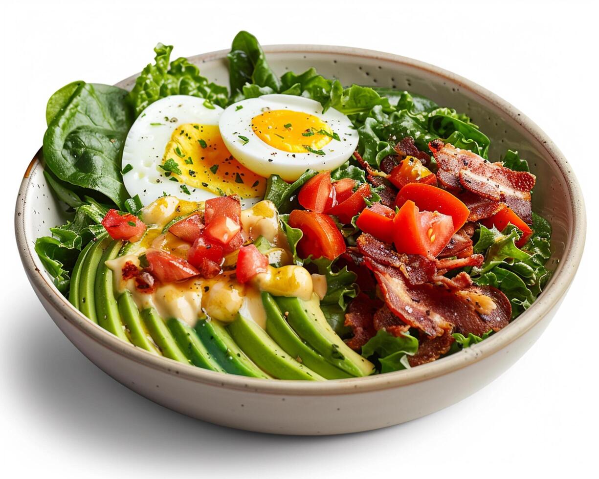 a bowl of salad with bacon, avocado, tomatoes and an egg photo
