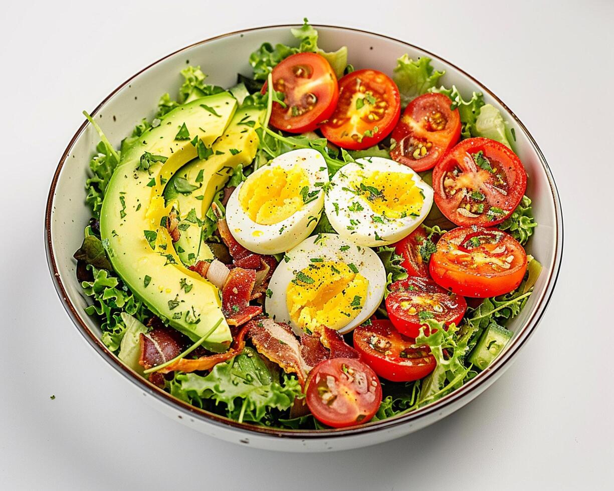 a salad with hard boiled eggs, tomatoes, and avocado photo