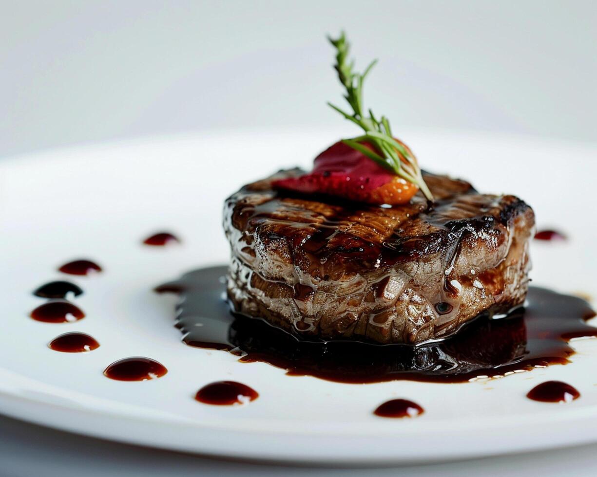 a steak is served on a white plate with sauce photo