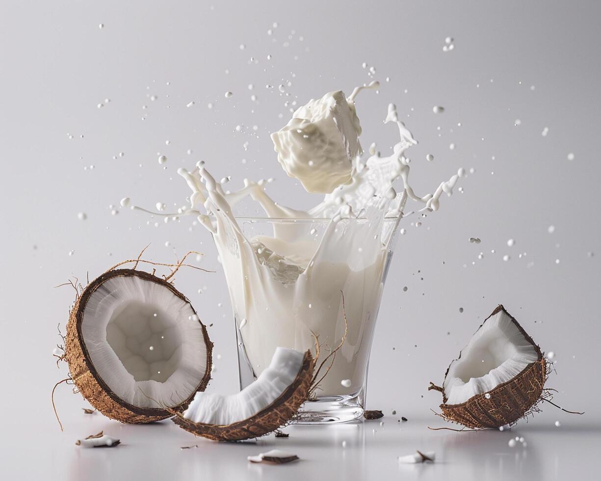 coconut milk splash in glass with coconut halves photo