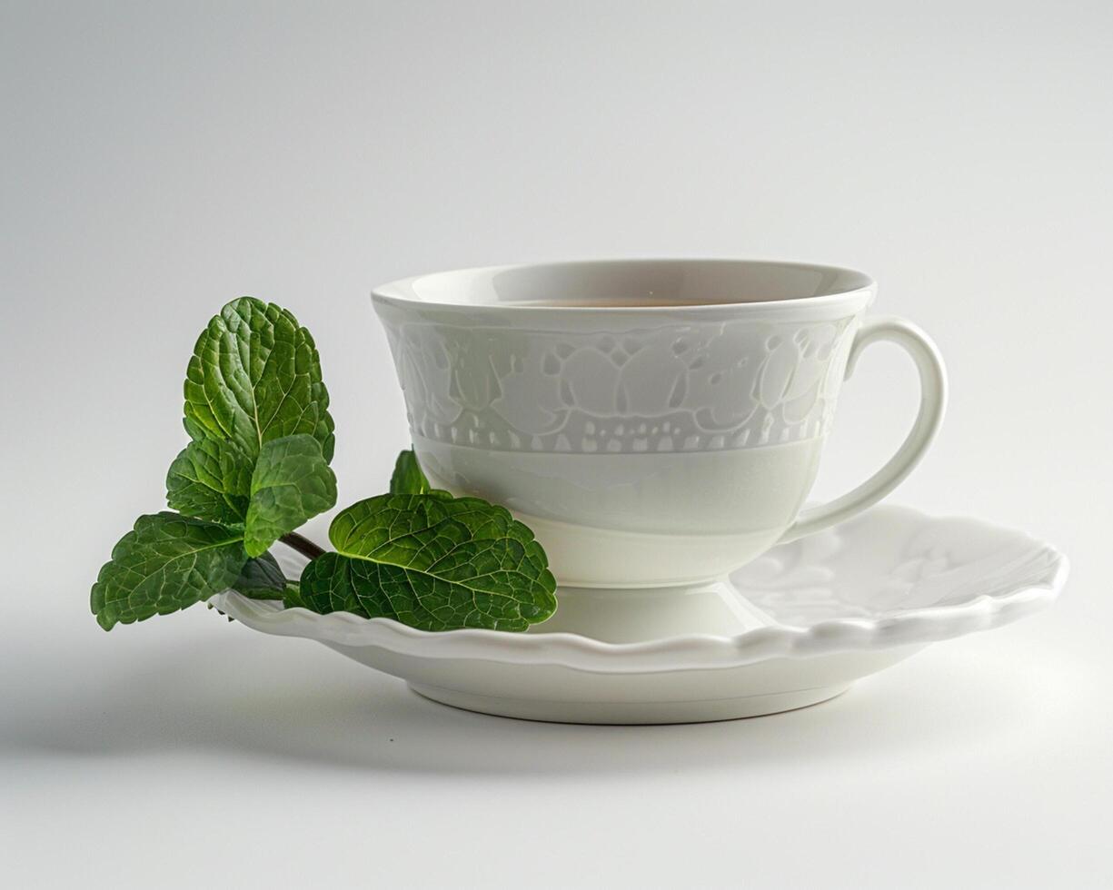 a cup and saucer with a green leaf on it photo