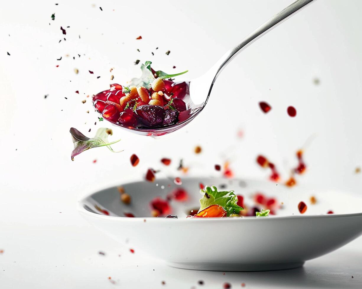a spoon is holding a bowl of food with a salad photo