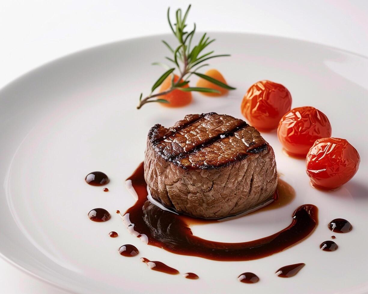 a steak is served on a white plate with sauce photo