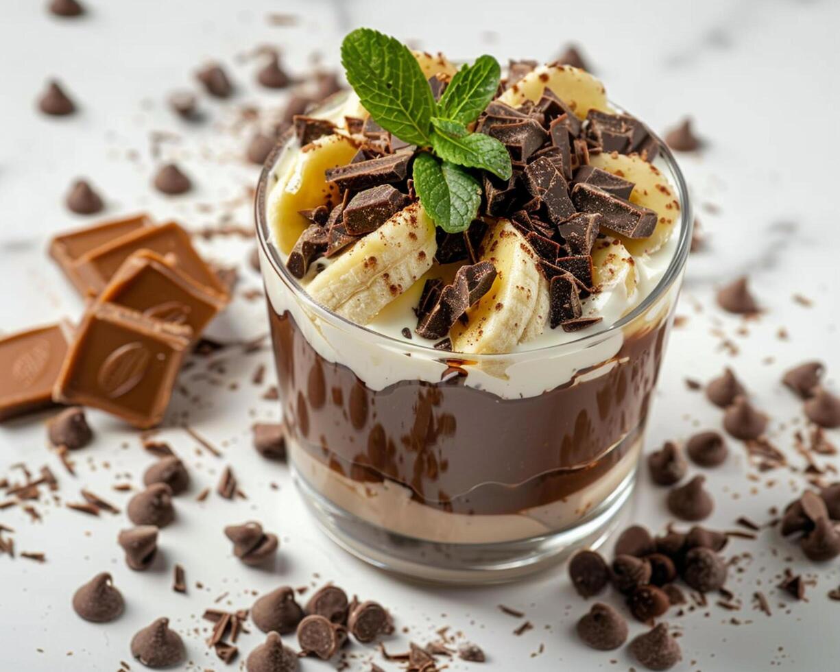 chocolate pudding with bananas and chocolate chips photo