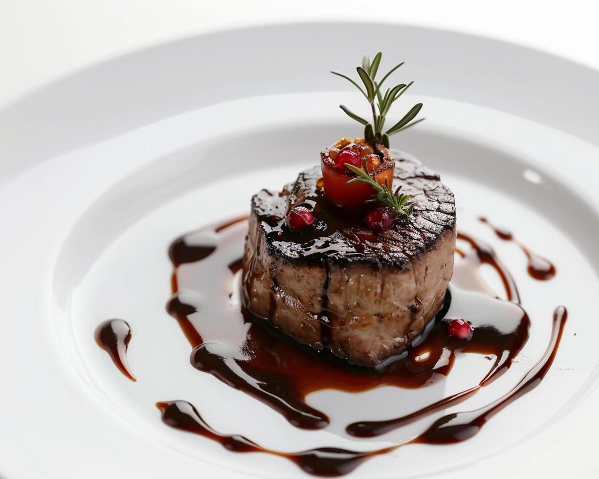 a piece of meat on a white plate with sauce photo