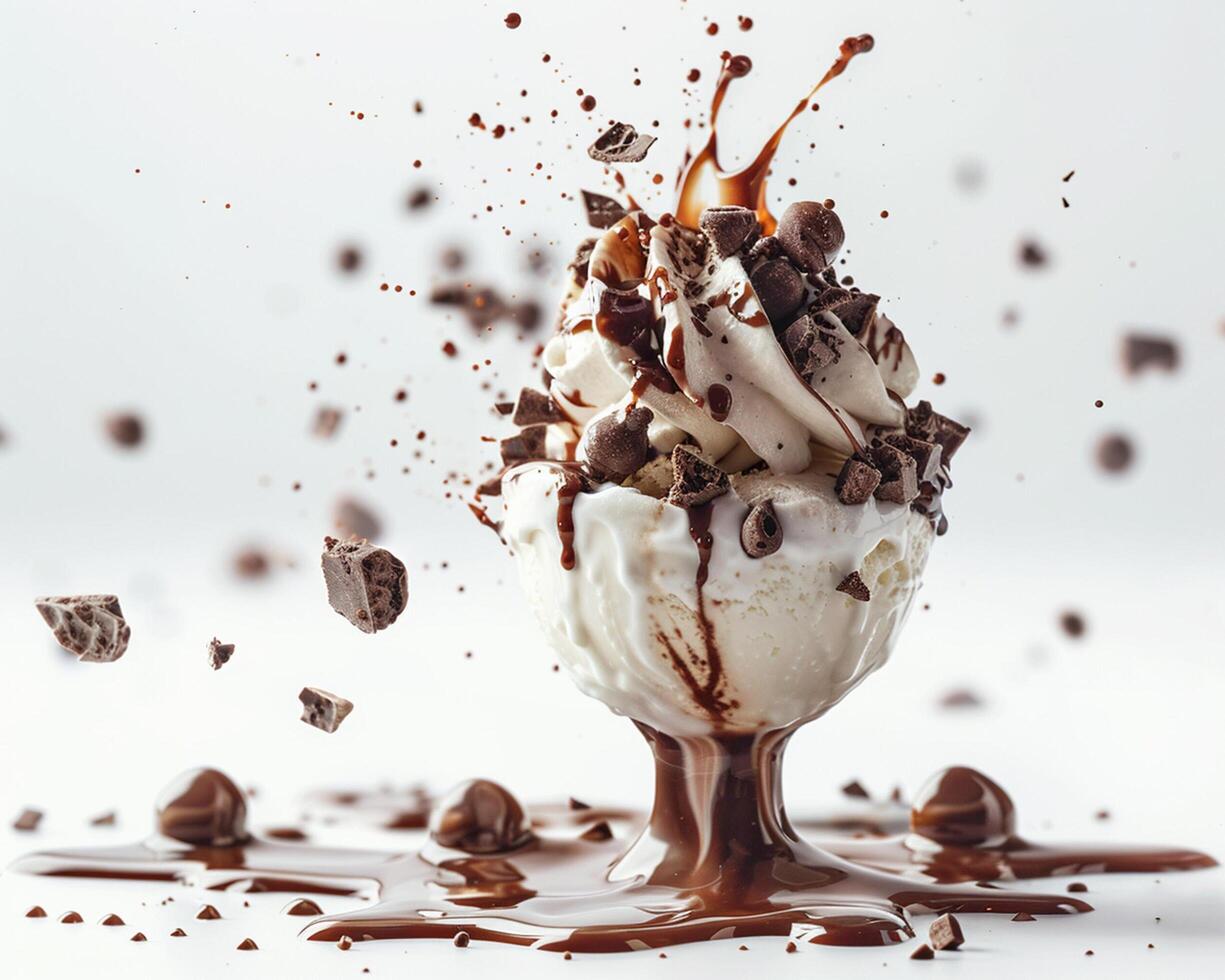 an ice cream sundae with chocolate and ice cream splashing photo
