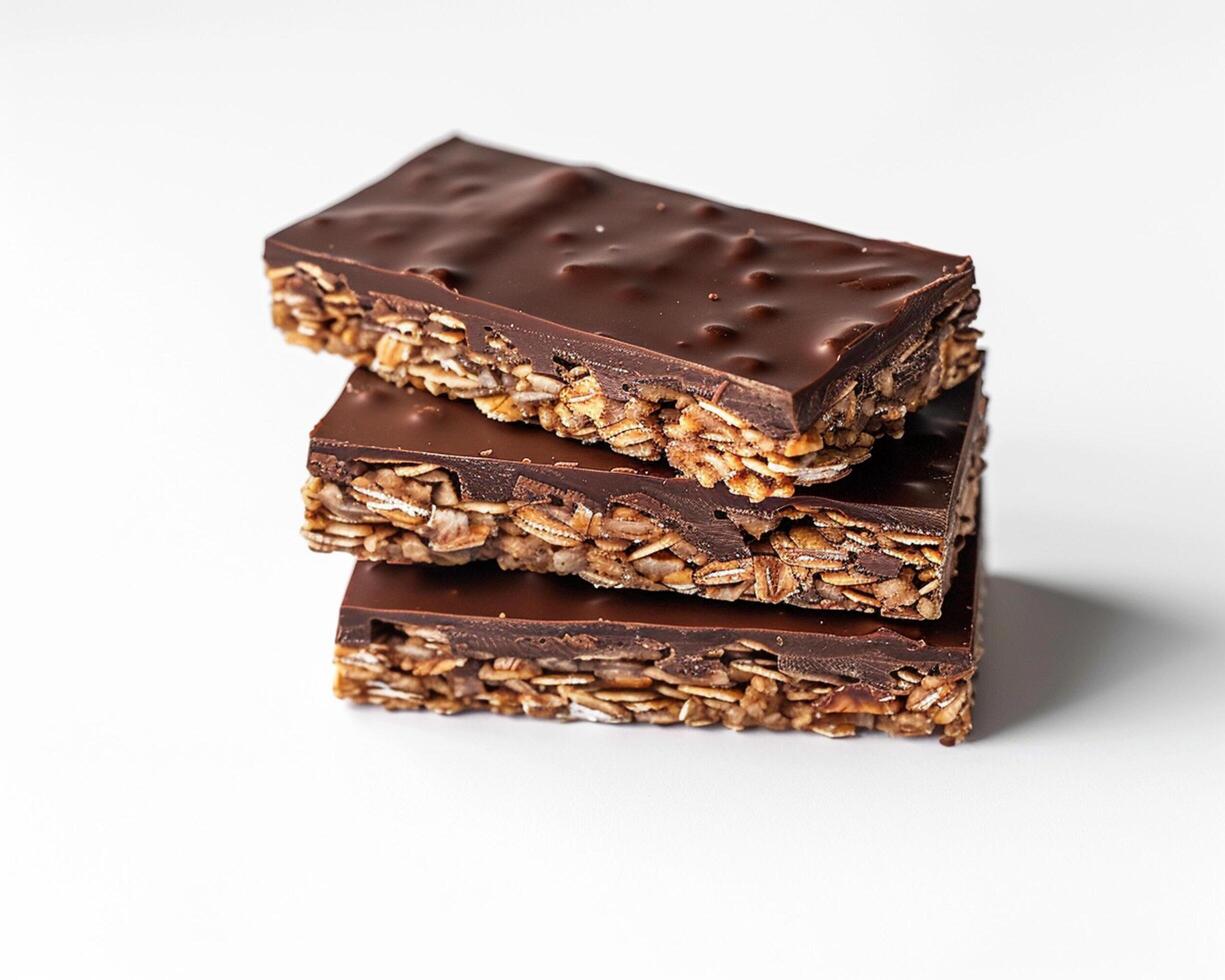 chocolate granola bars on white background photo
