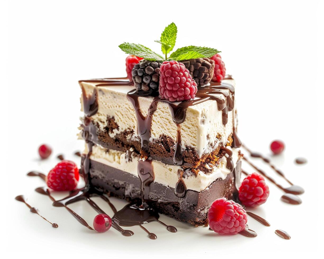 a piece of chocolate cake with raspberries and chocolate sauce photo