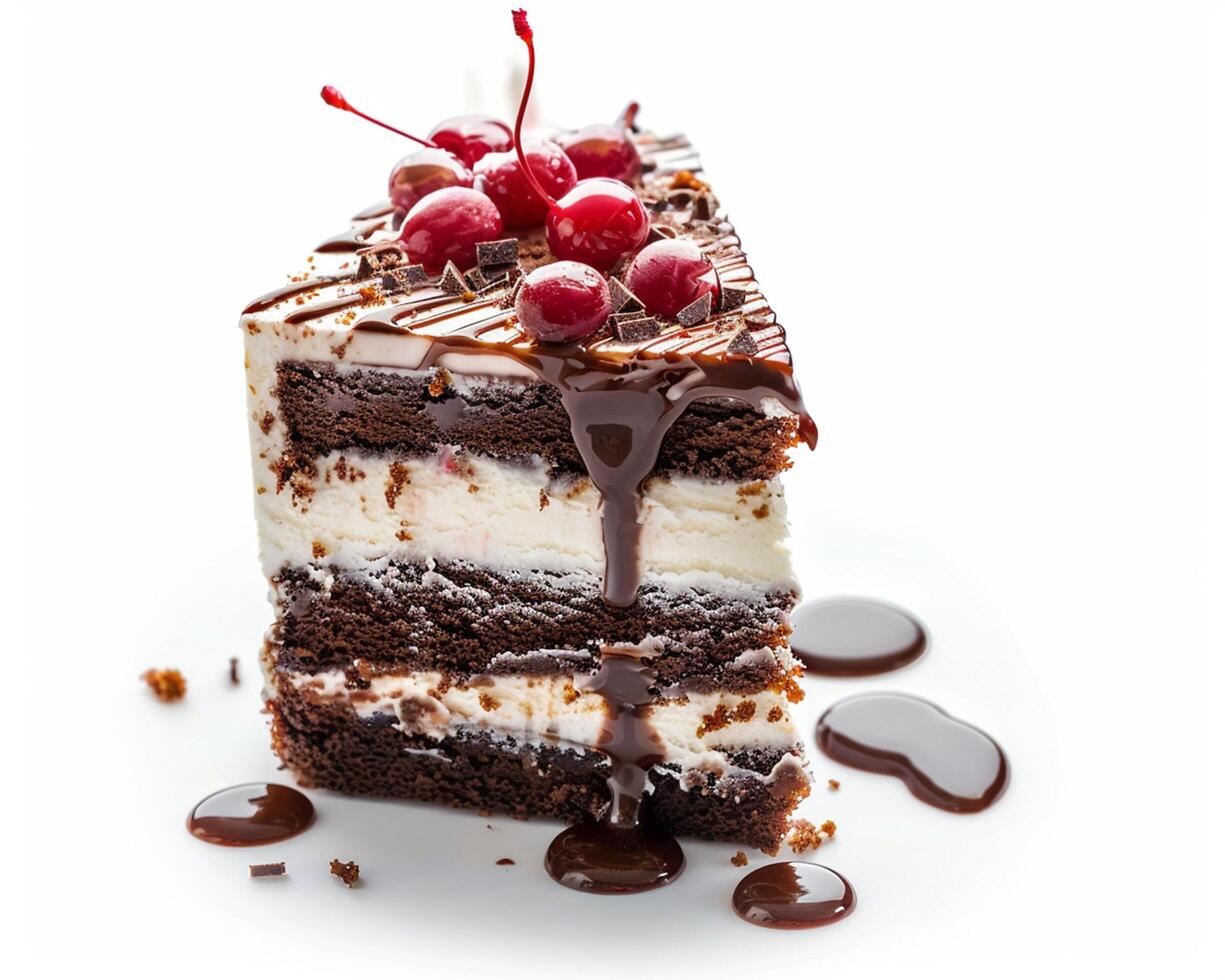 a slice of cake with chocolate and cherry on top photo