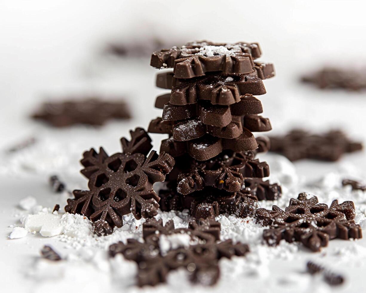 chocolate snowflakes are piled up on a white surface photo