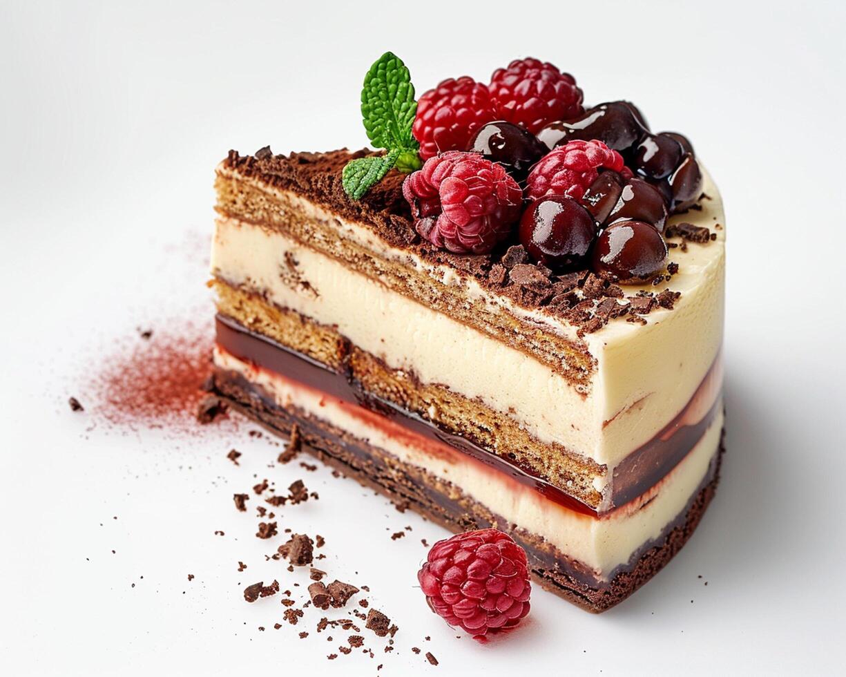 a piece of cake with raspberries and chocolate photo