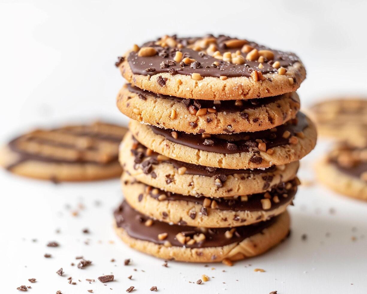 a stack of peanut butter cookies with chocolate frosting photo