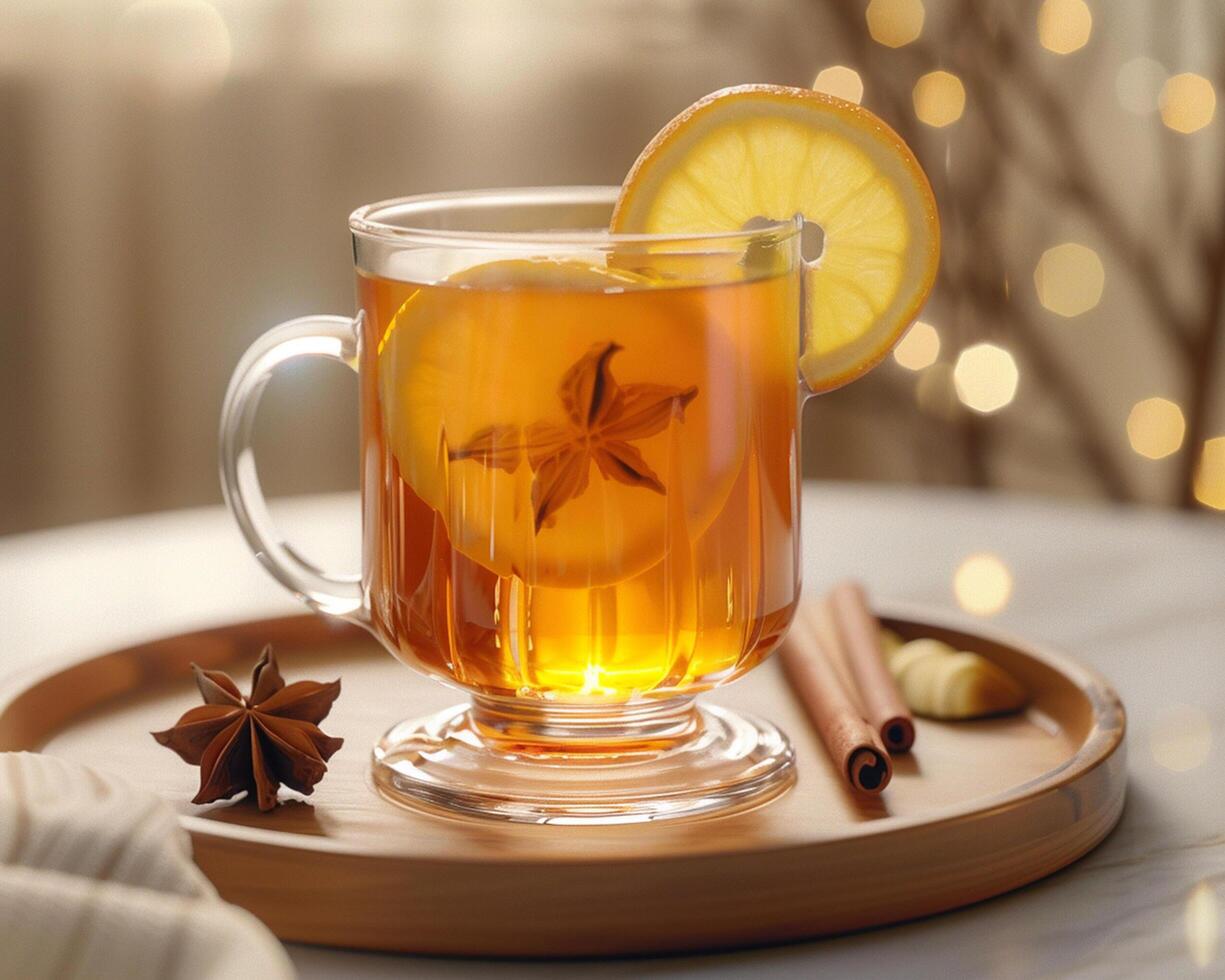a glass of tea with lemon slices and cinnamon sticks photo