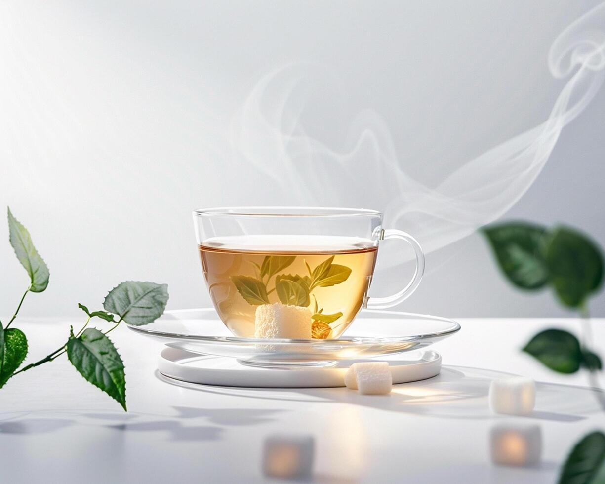 a cup of tea with leaves and sugar cubes on a white table photo
