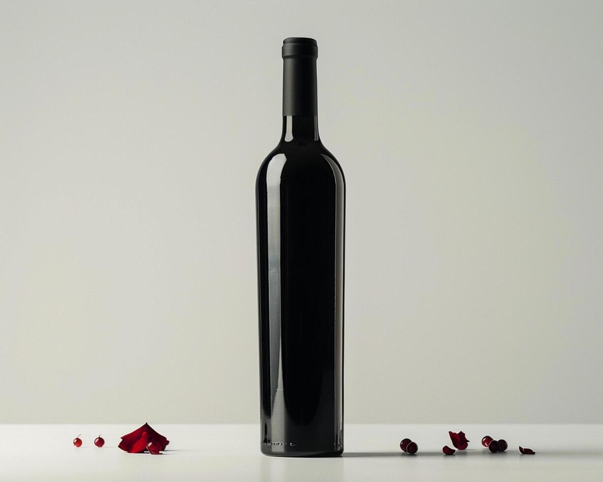 a wine bottle with red roses on a white table photo