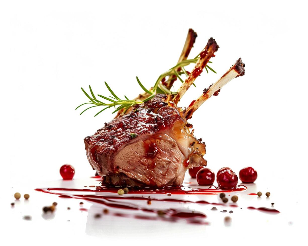 a lamb rack with cranberries and herbs on a white background photo