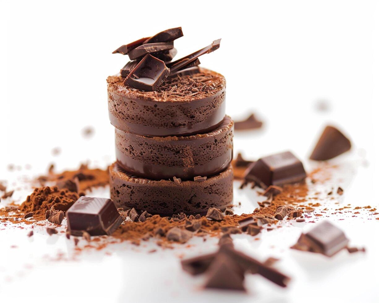 a stack of chocolate cake with chocolate chips scattered around photo
