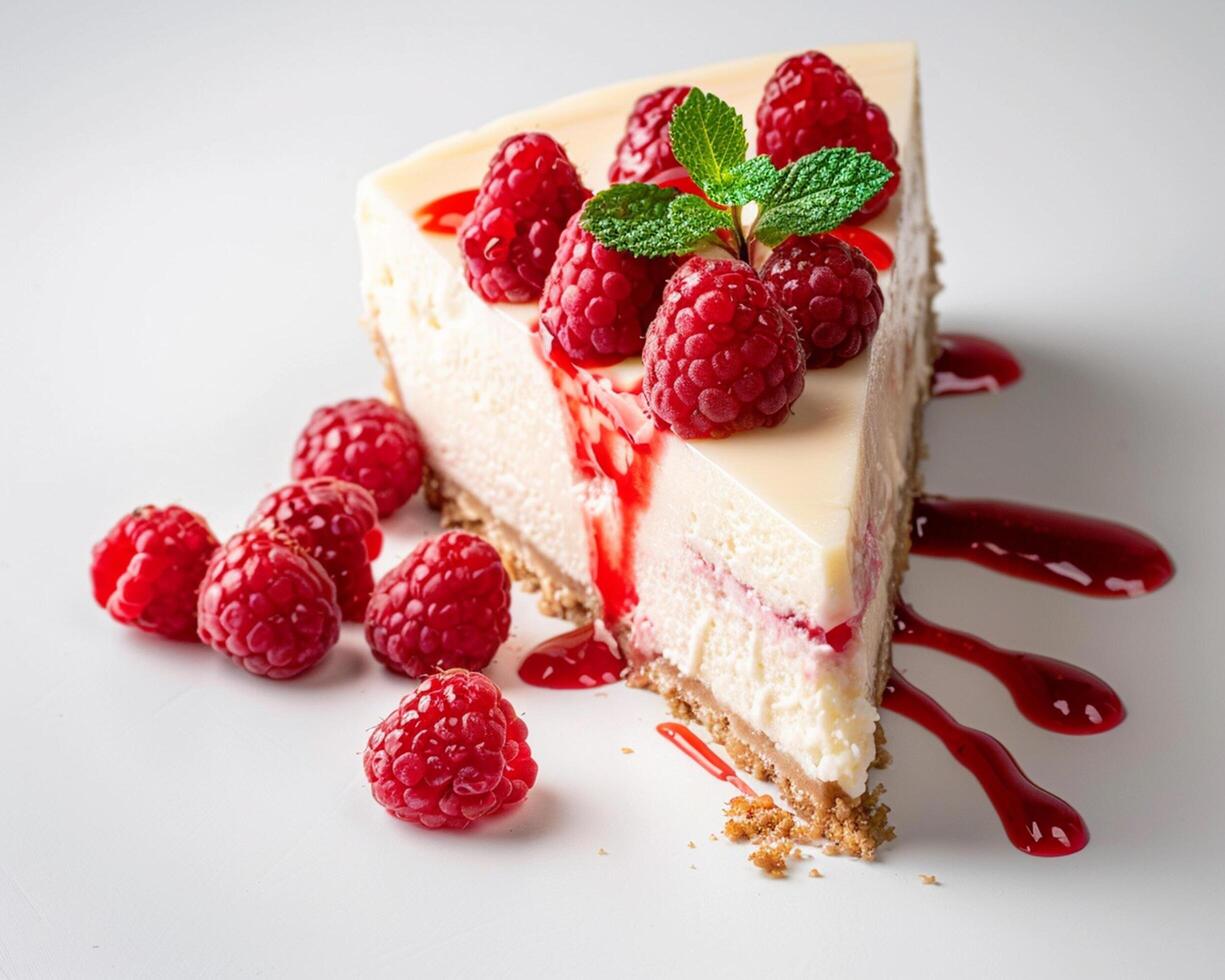 a piece of cheesecake with raspberries on top photo
