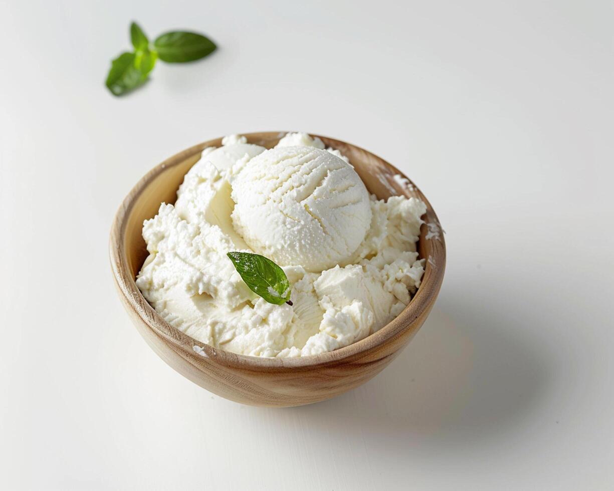 a bowl of ice cream with a mint leaf on top photo