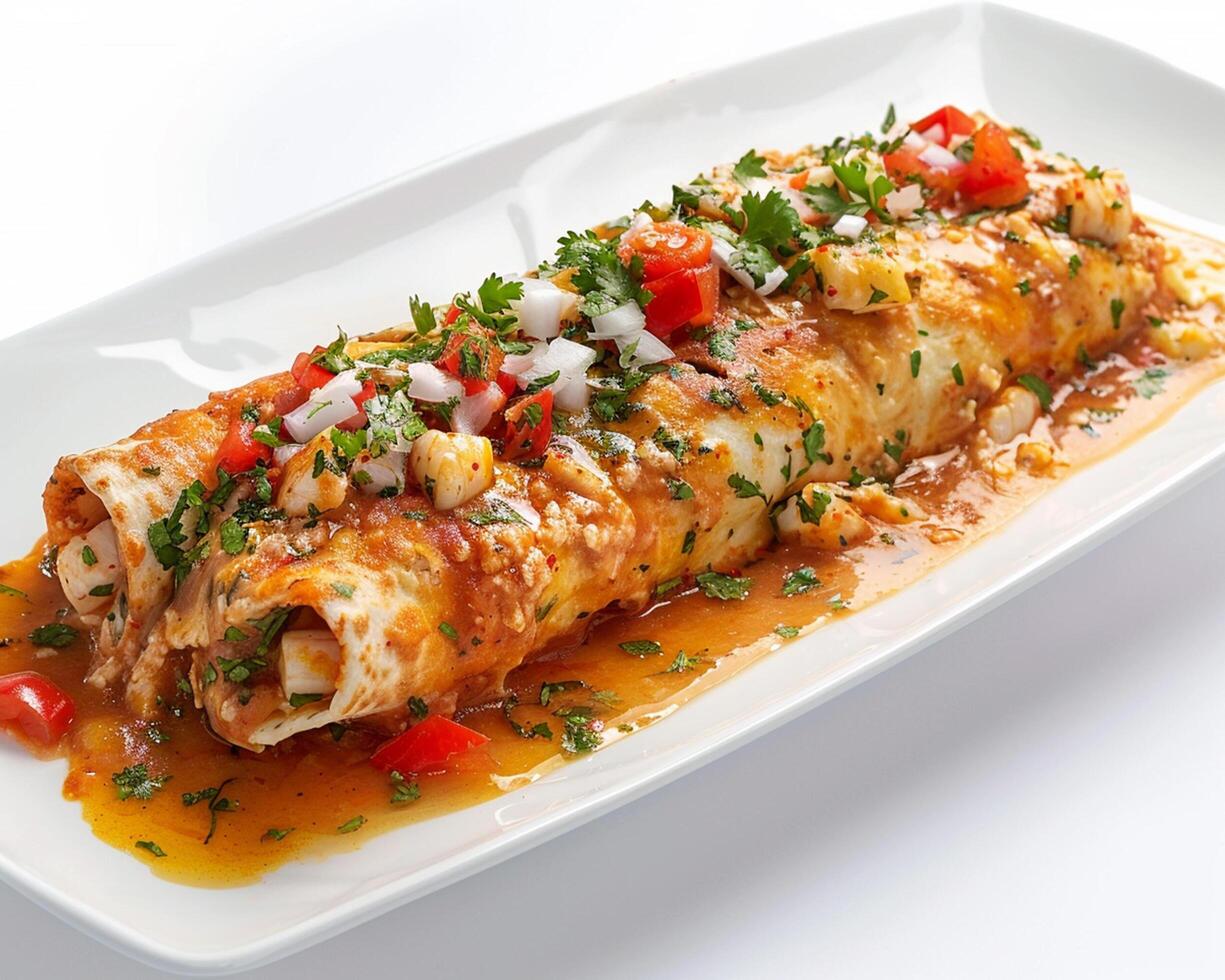 a large enchilada with sauce and vegetables on a white plate photo