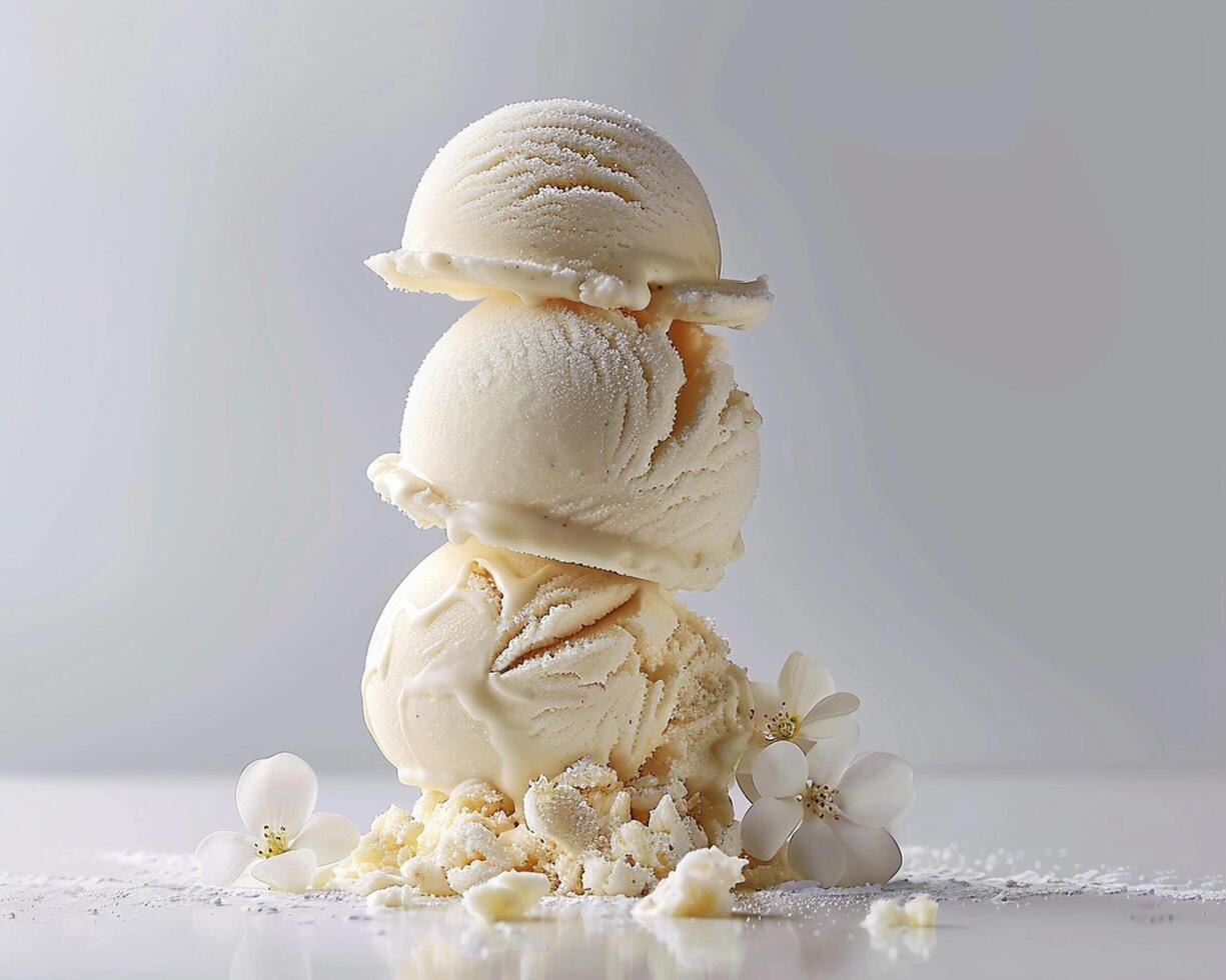 a stack of three ice cream scoops on a table photo