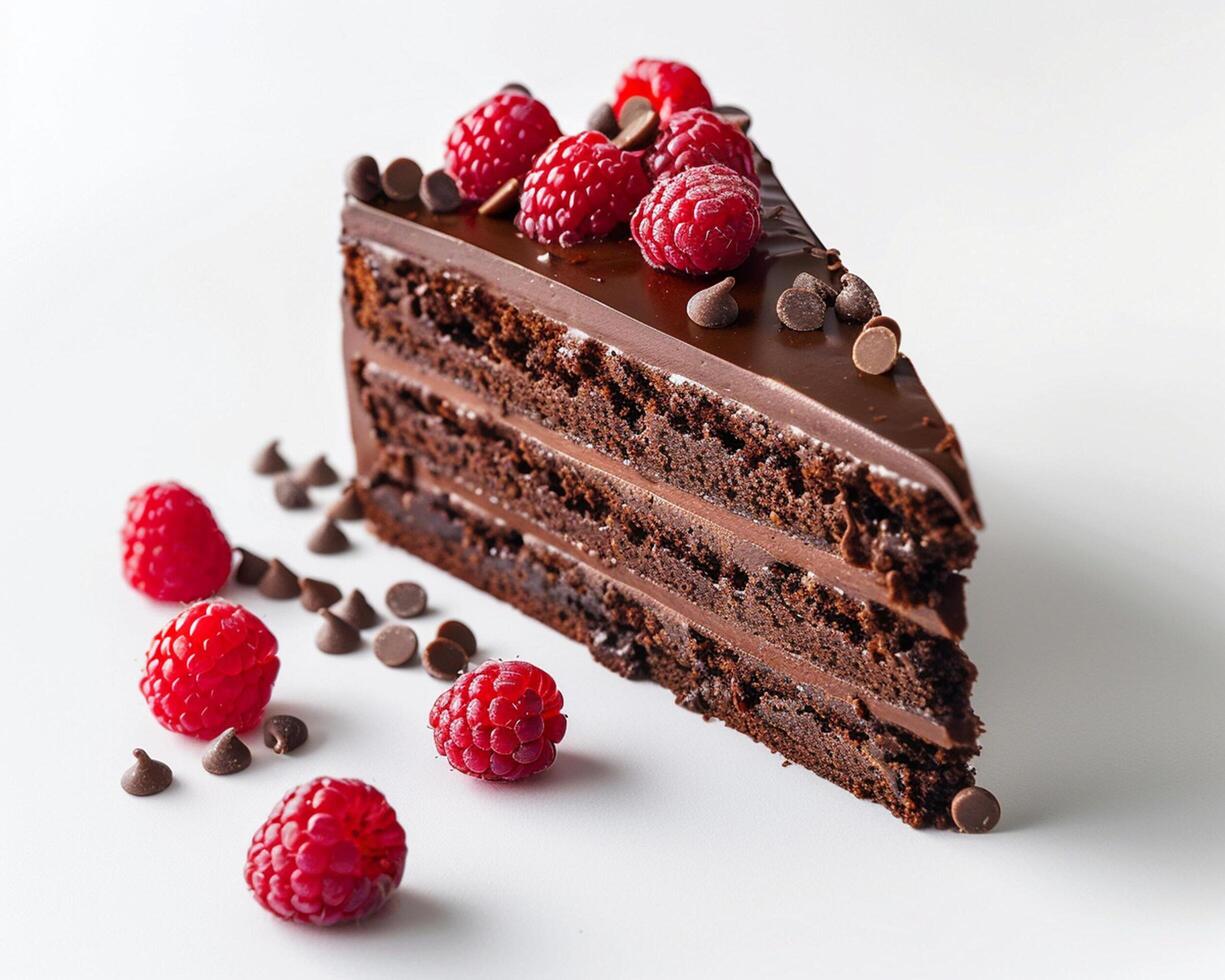 a piece of chocolate cake with raspberries photo