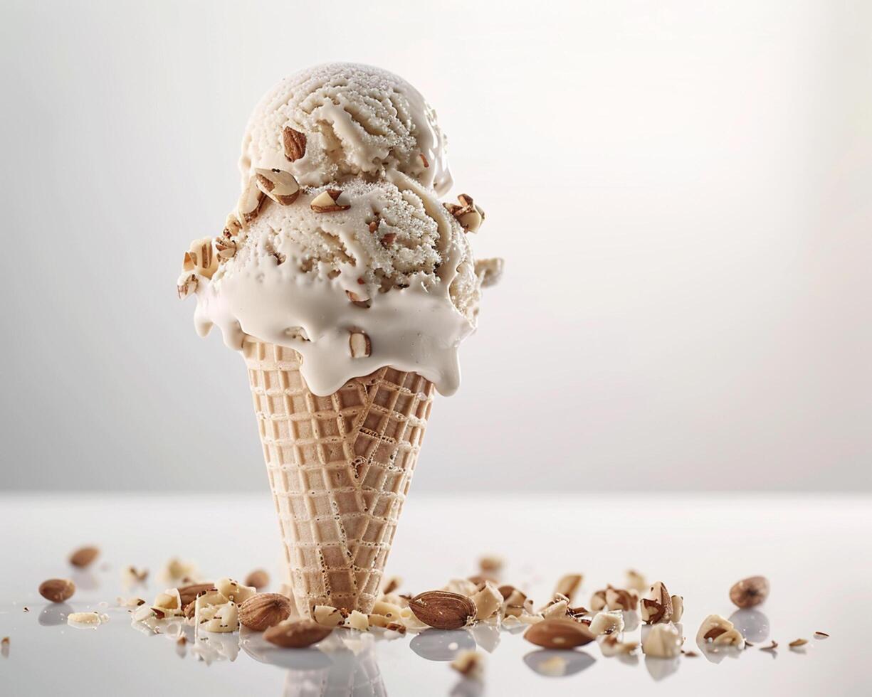 an ice cream cone with nuts and nuts scattered around it photo