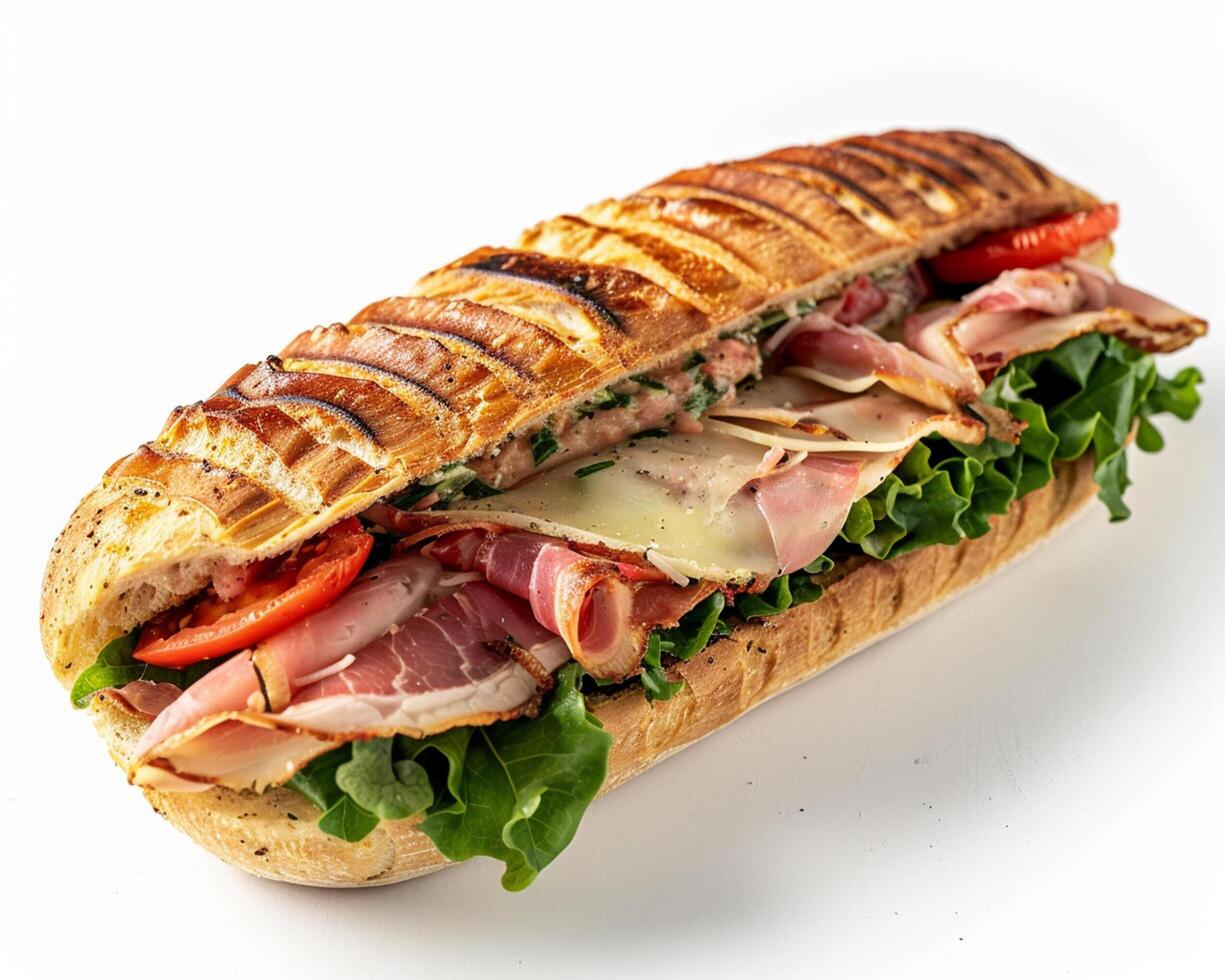 a sandwich with meat, lettuce and tomatoes photo