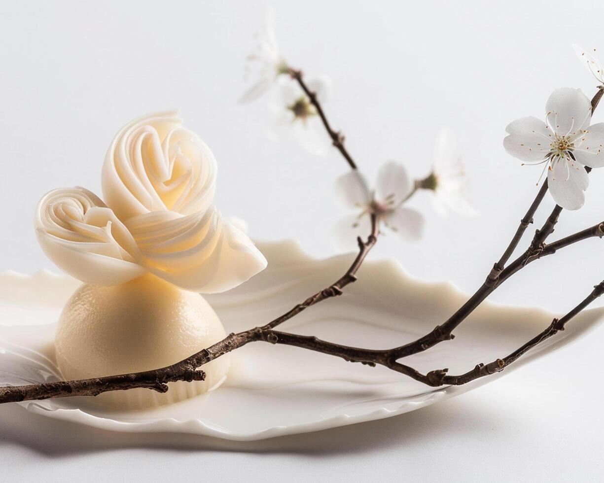 a white chocolate covered in white flowers photo