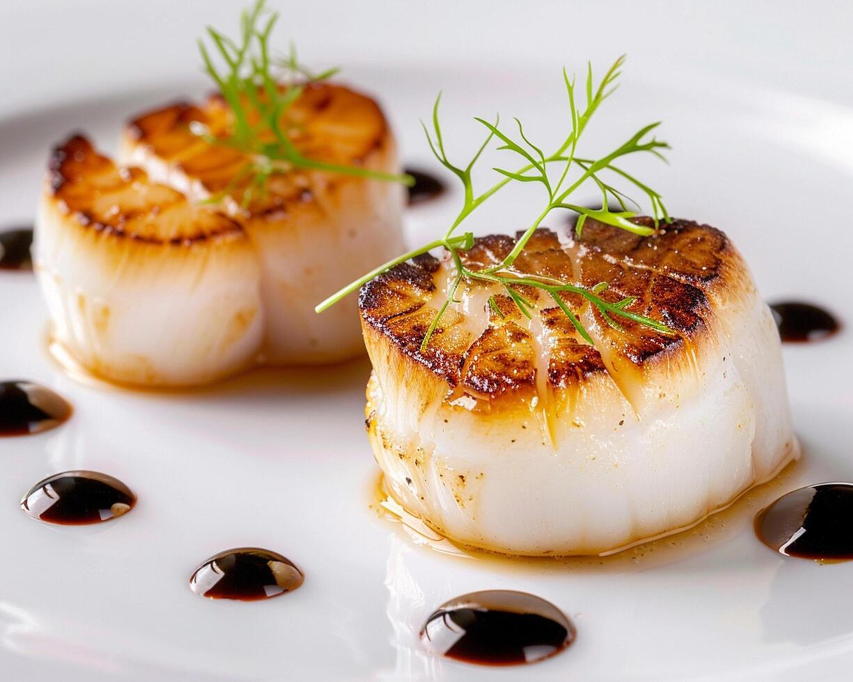 two scallops are on a white plate with sauce photo