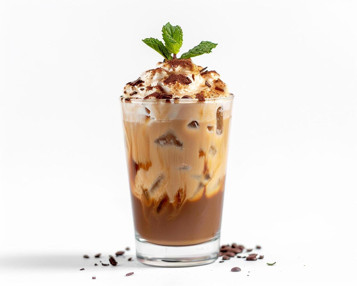 an iced coffee with whipped cream and mint leaves photo