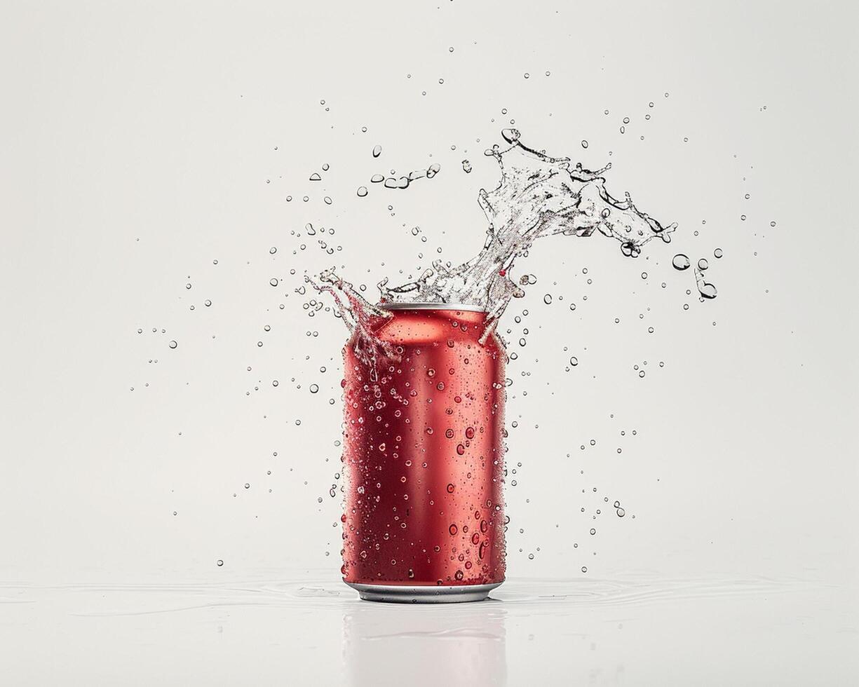 a can of soda being splashed with water photo