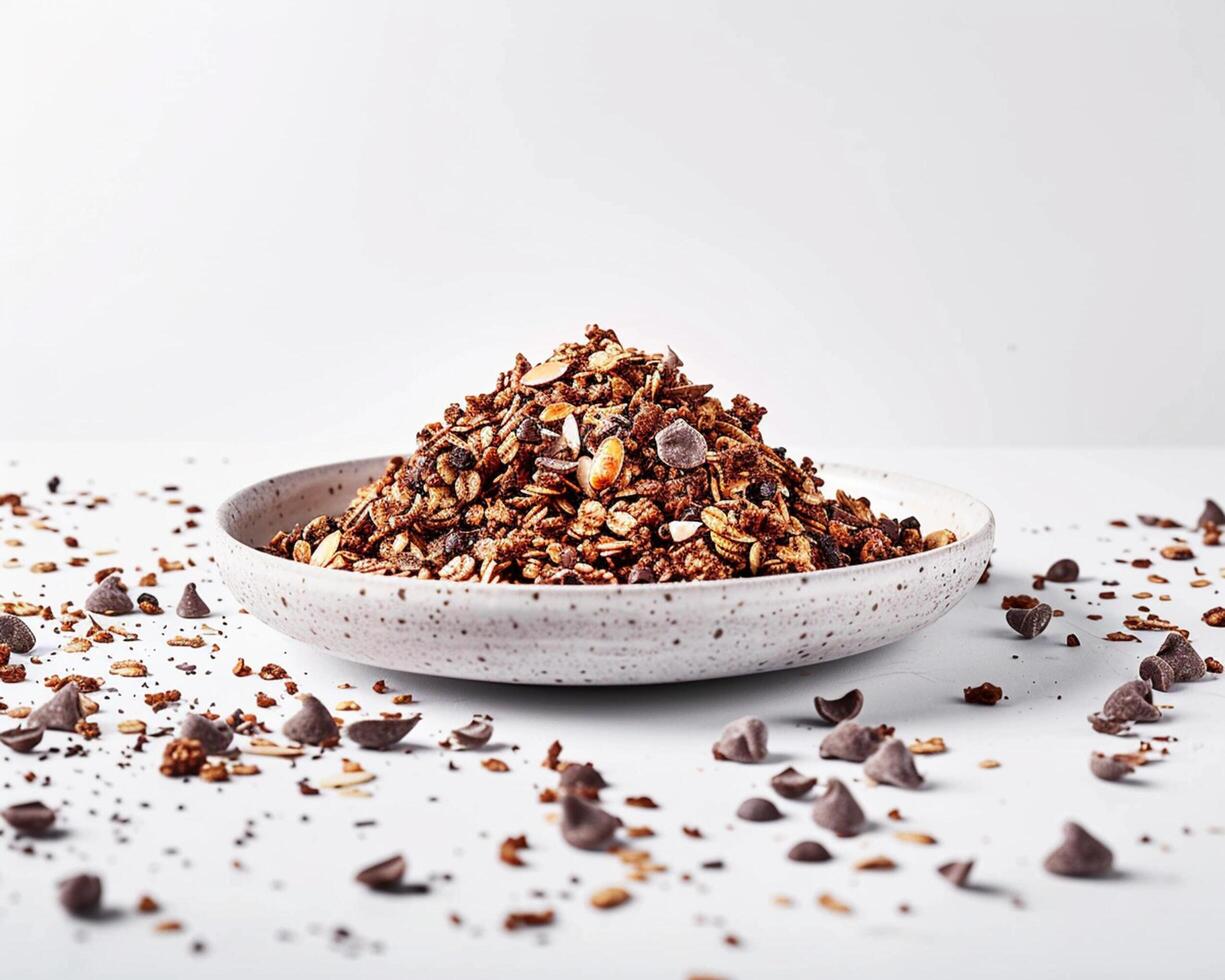 a bowl of chocolate chips and nuts on a white surface photo
