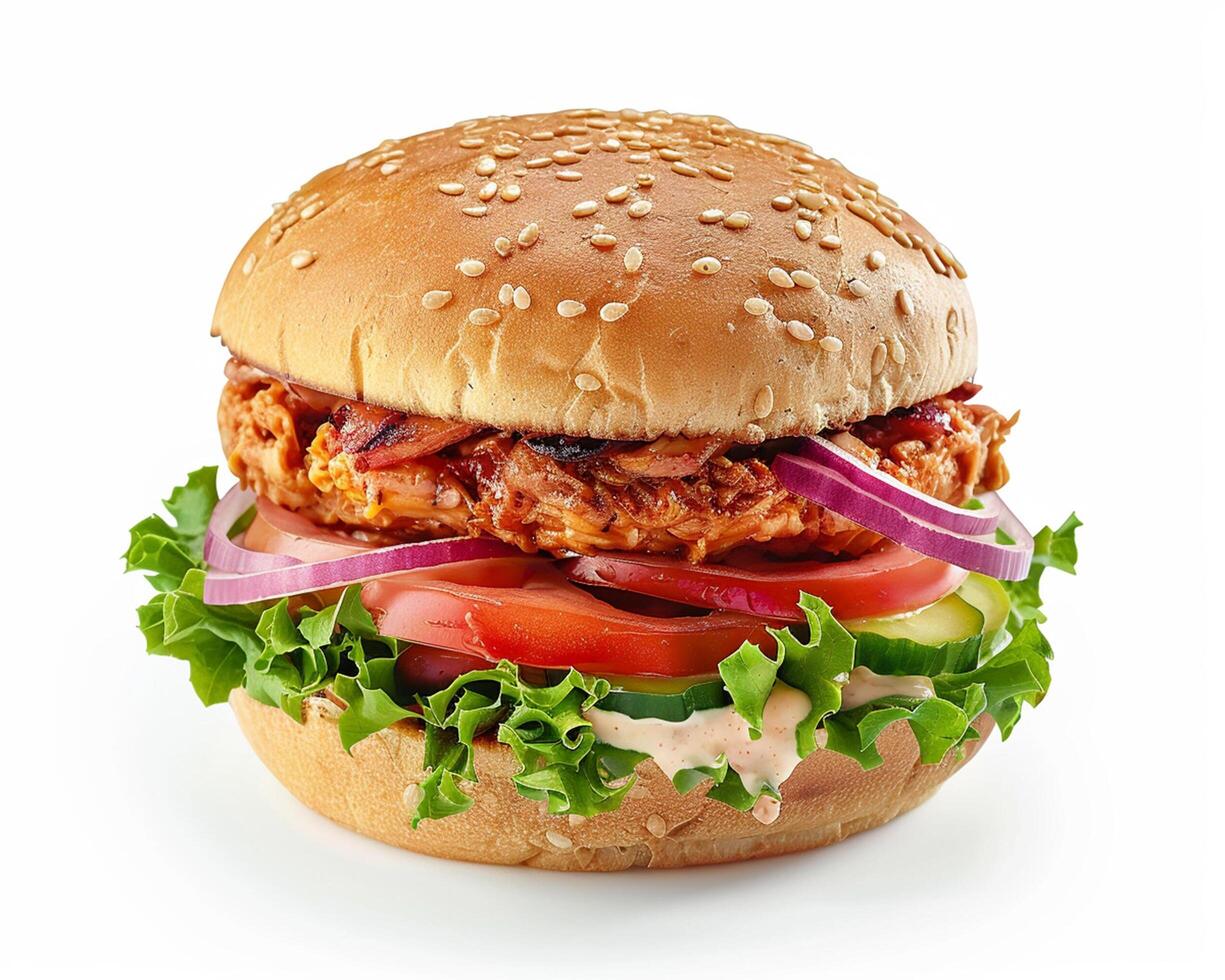 a hamburger with lettuce, tomato, onion and bbq sauce photo