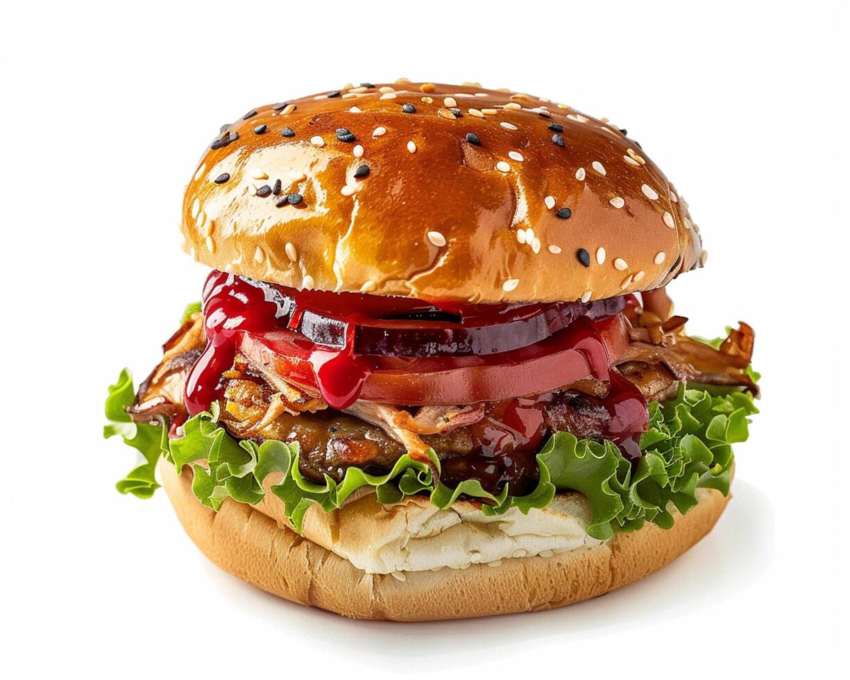 a hamburger with meat and vegetables on a bun photo