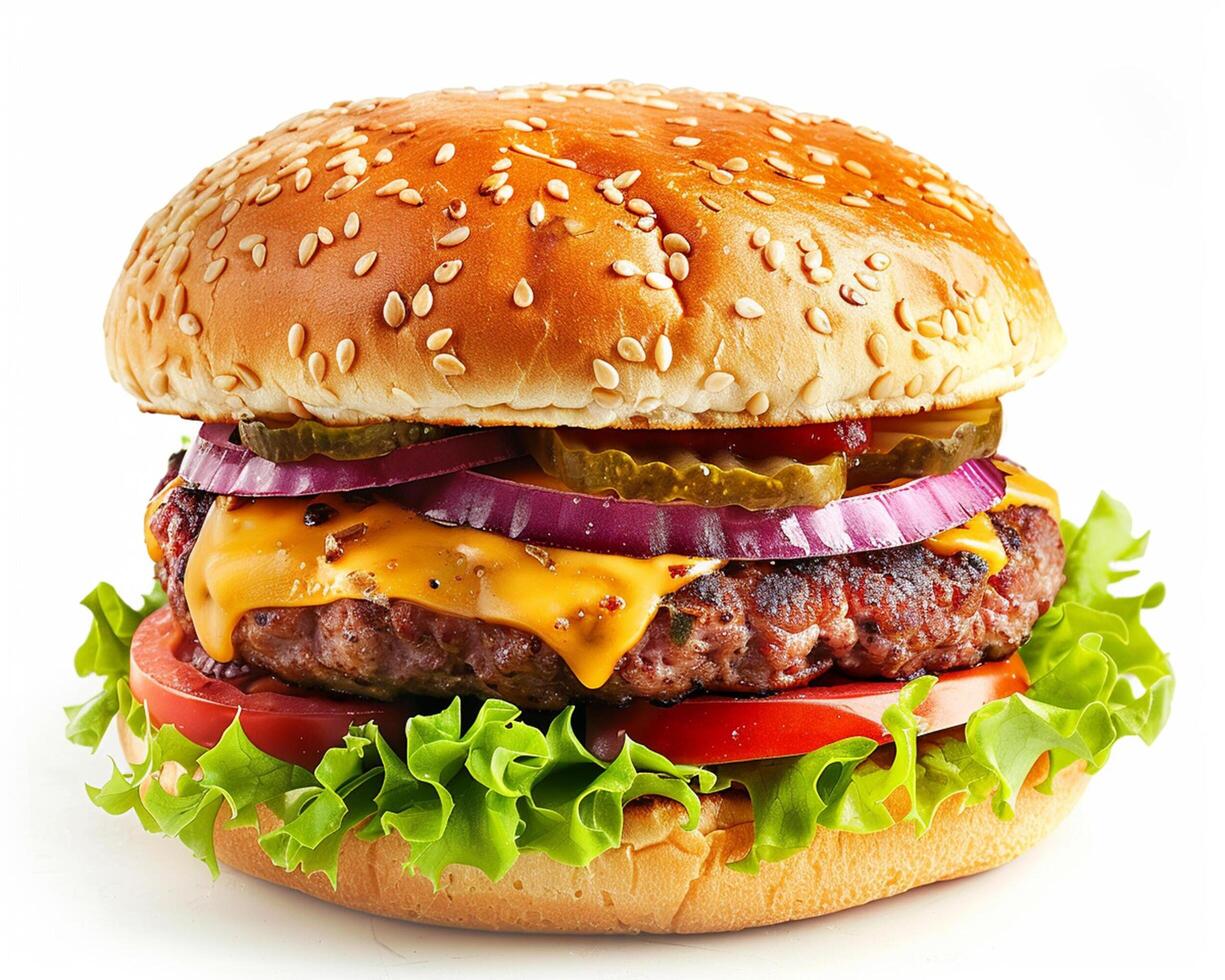 a hamburger with cheese, onions, and tomatoes photo