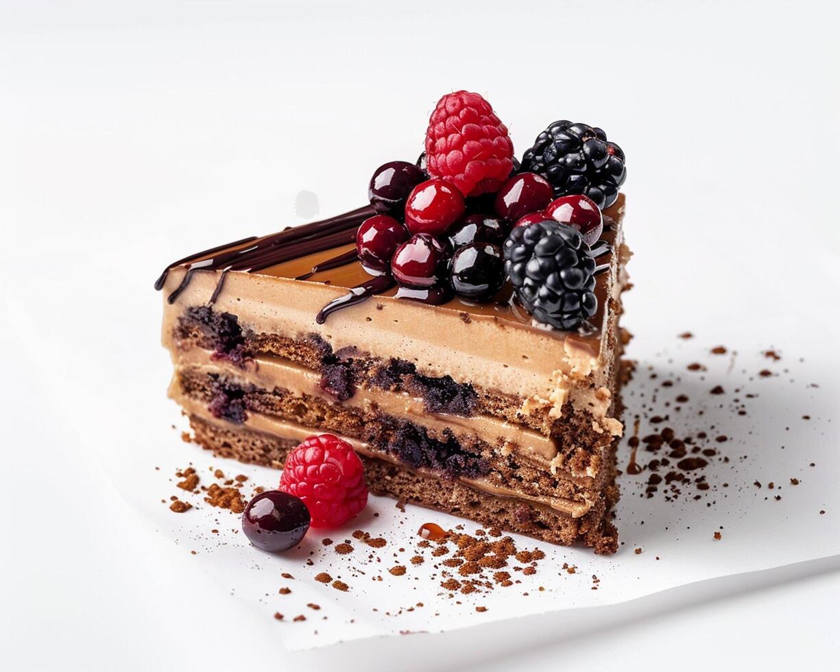 a piece of cake with chocolate frosting and berries photo