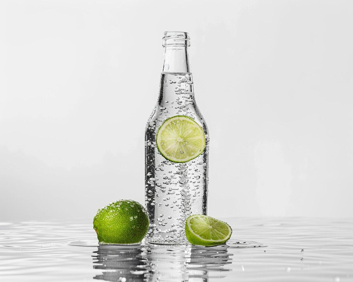 a bottle of water and lime slices on a white surface photo