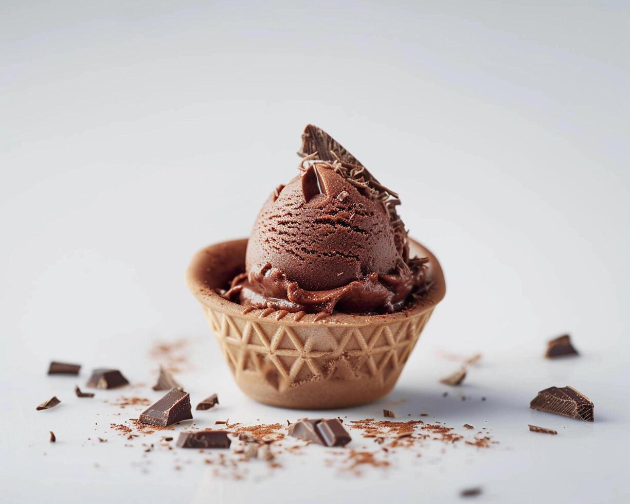 chocolate ice cream in a cone with chocolate pieces photo