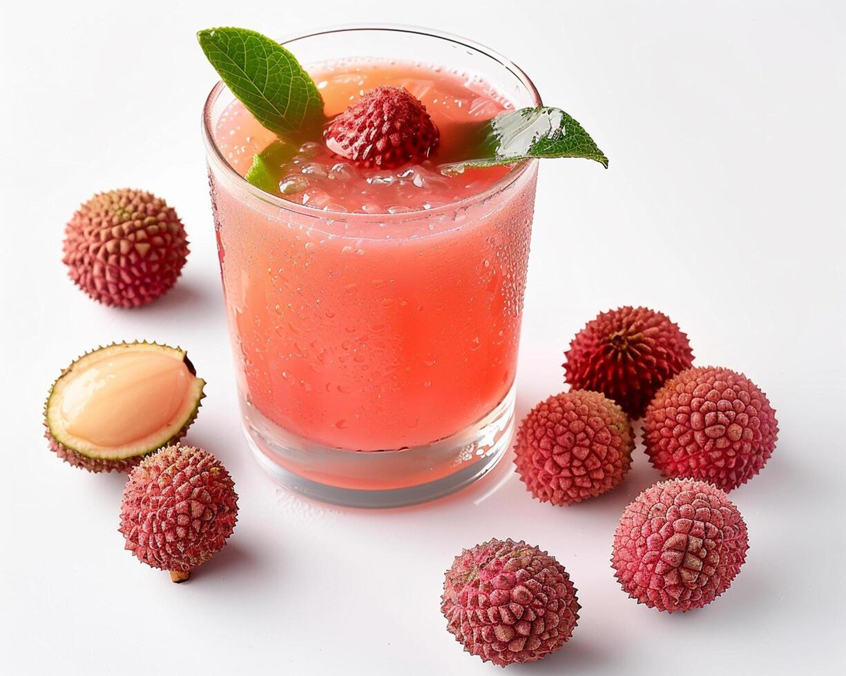 a glass of litchi juice with some fresh fruit photo