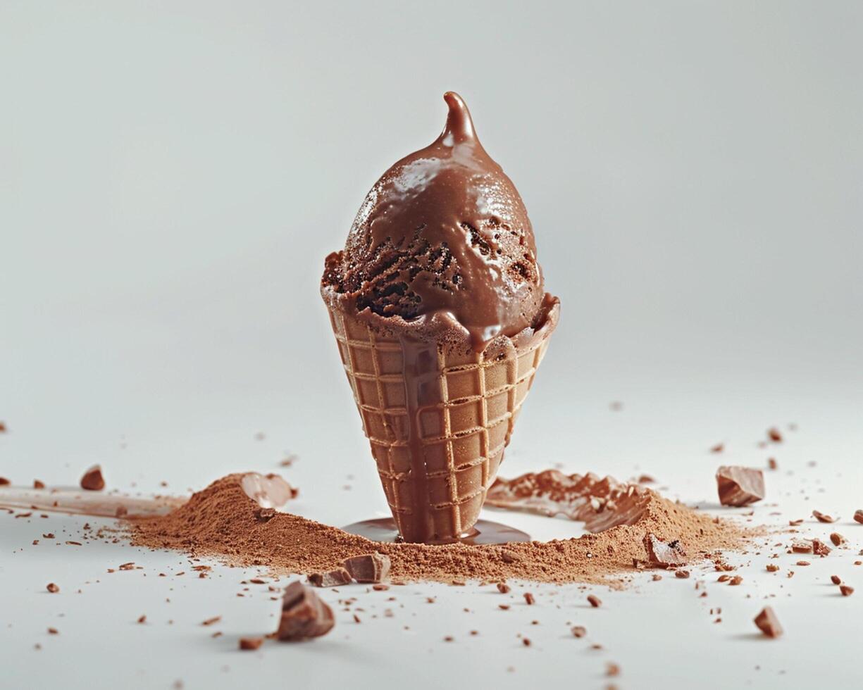 an ice cream cone with chocolate on top photo